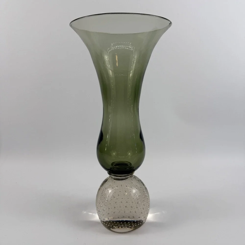 Carl Erickson Art Glass Olive Green Vase Bullicante Bubble Foot